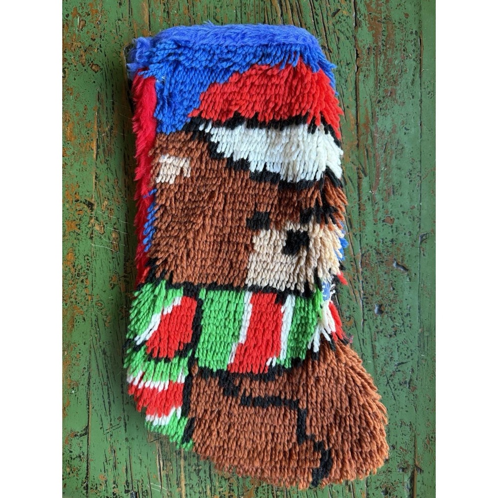 Vintage Latch‎ Hook Bear With Scarf Stocking 16" Christmas Holiday